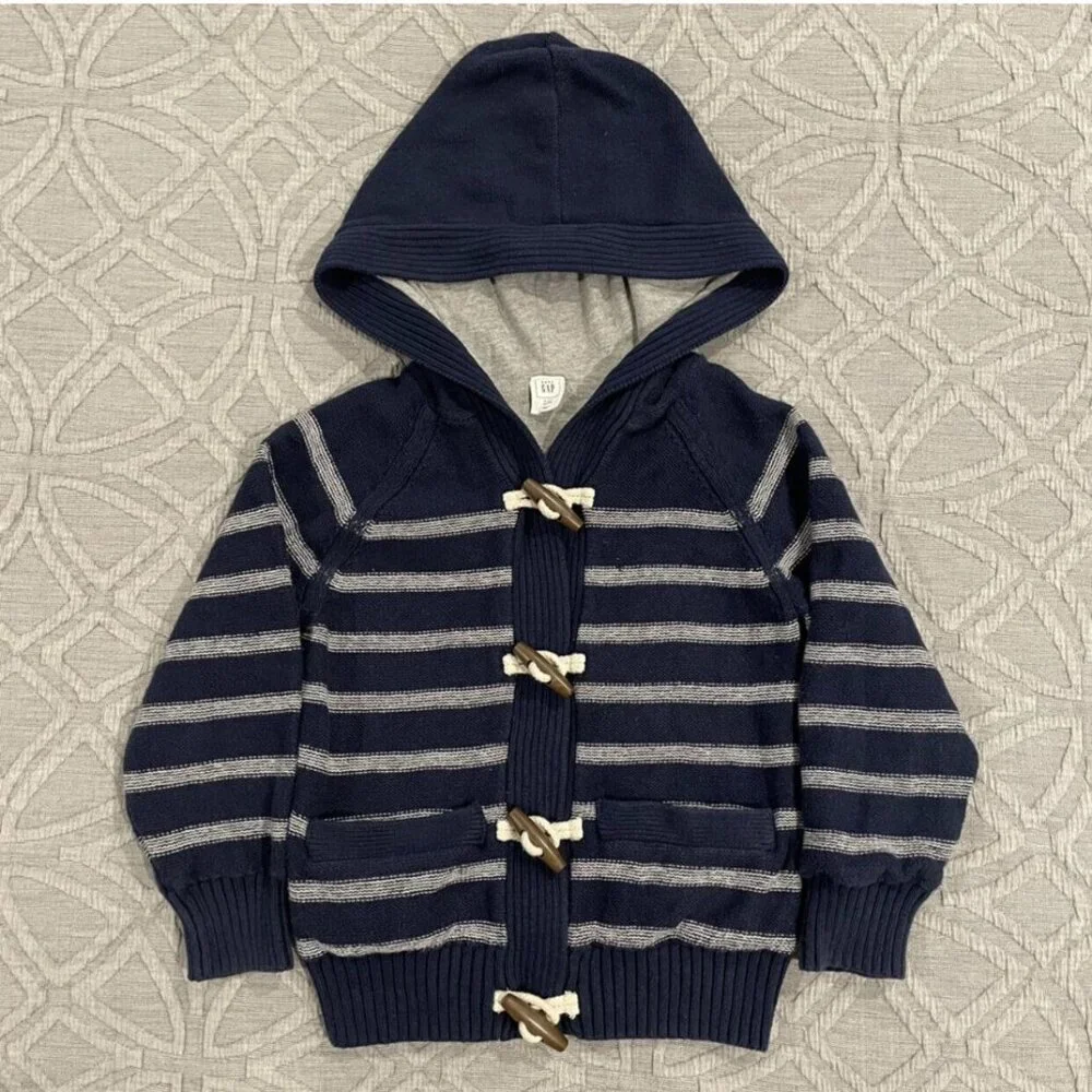 Baby Gap 4Y Navy Blue Striped Hooded Toggle Sweater
